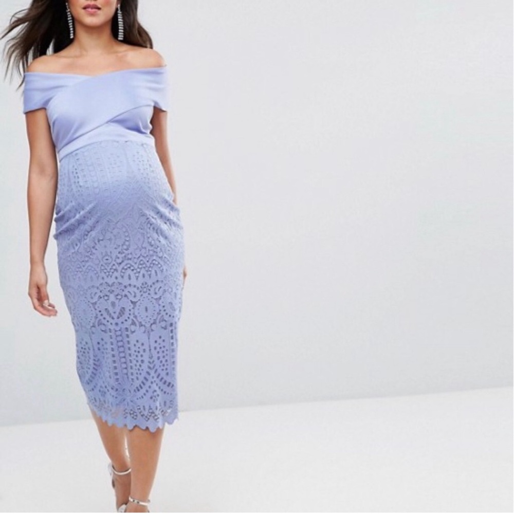 ASOS Maternity Scuba Off the Shoulder Lace Dress in Lilac
